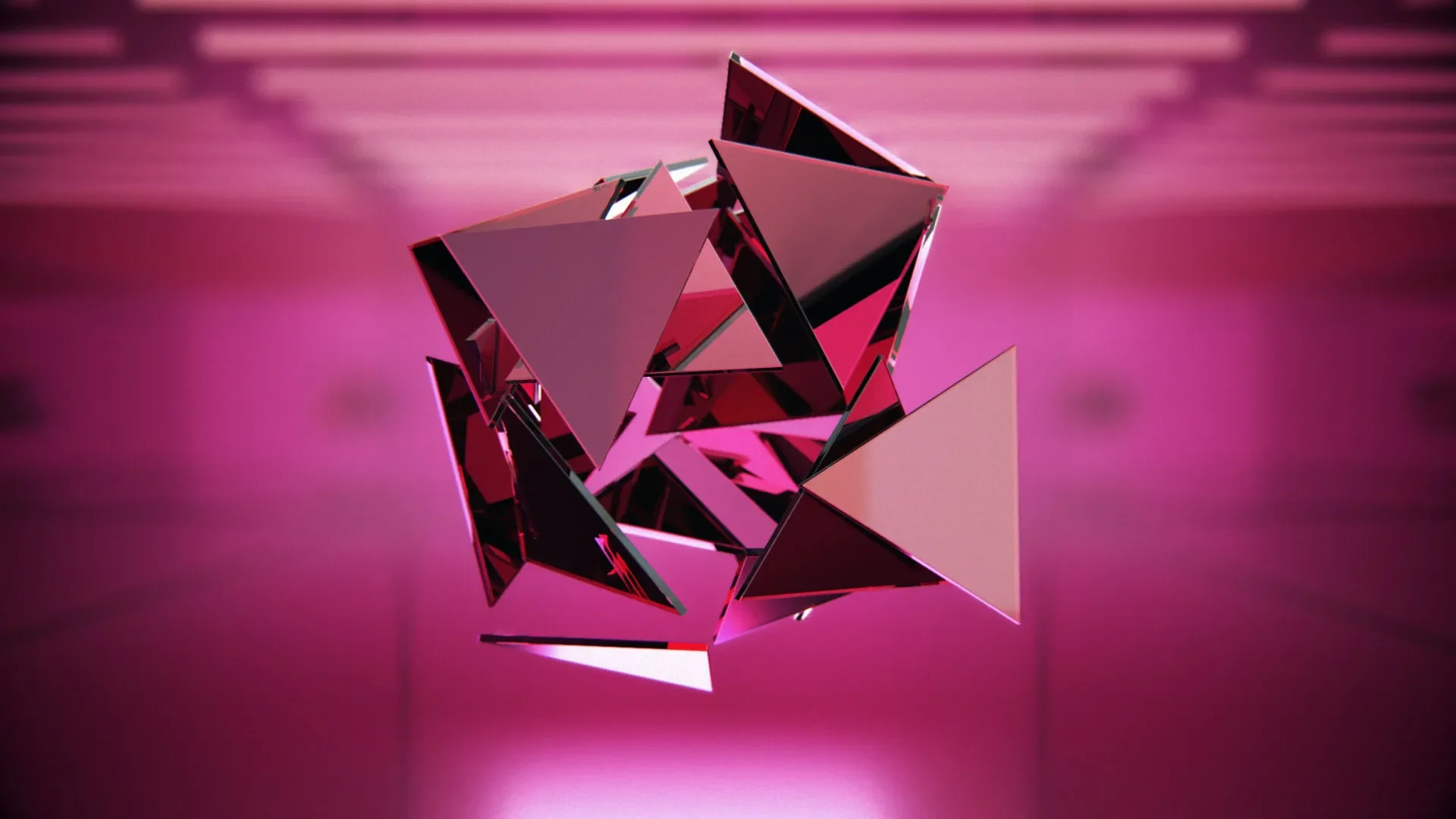 a magenta sculpure consiting out of several polygones in front of a magenta abstract room