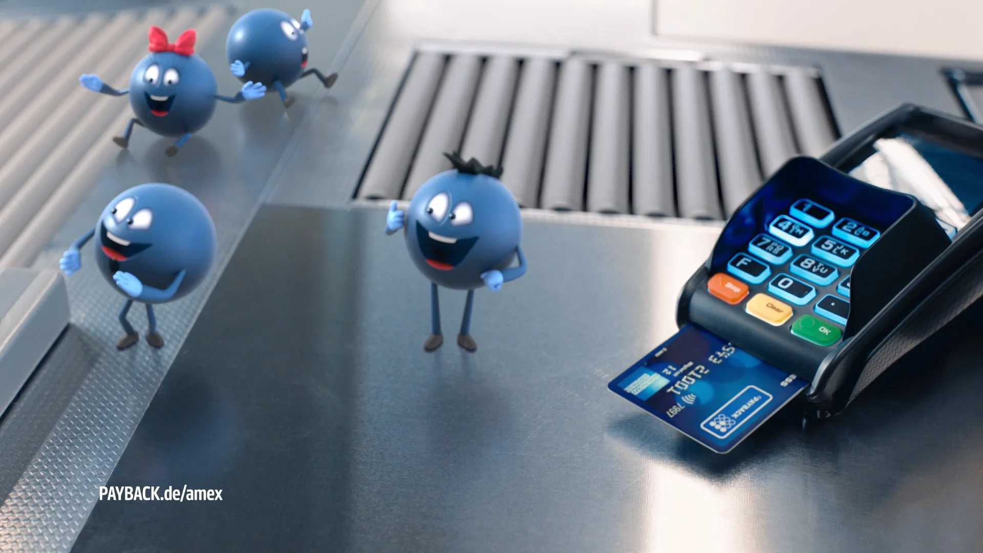 four blue 3d characters with different accessoires smiling and performing on a till tape next to a card reader with a payback card in it