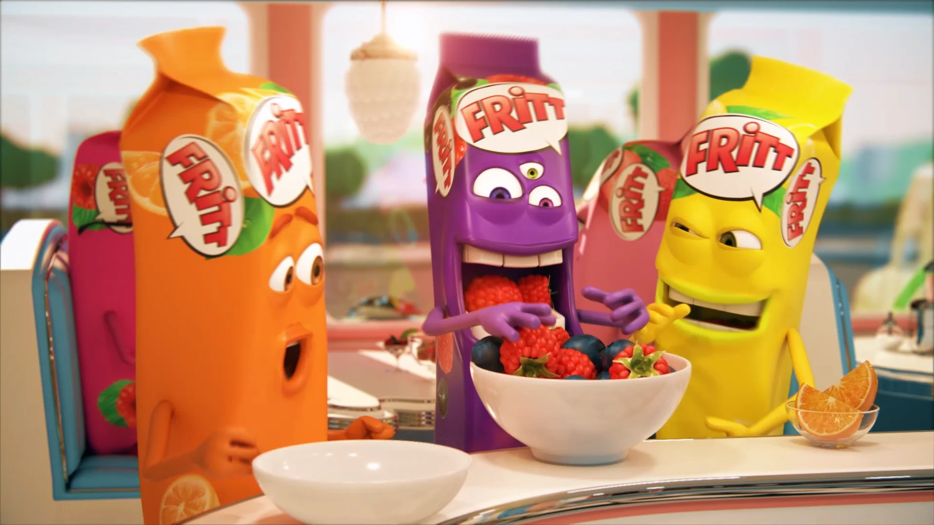 three different colored Fritt-shaped packshot characters are going to eat out of a peel of fruits in a bar