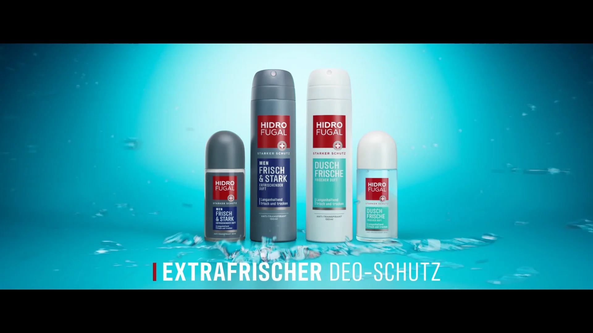 hidrofugal packshot consiting out of a woman aerosol and roll-on on the right side and a men aerosol and roll-on on the left side. all in an undefined blue room in front of a white backlight with some water-drops on the ground