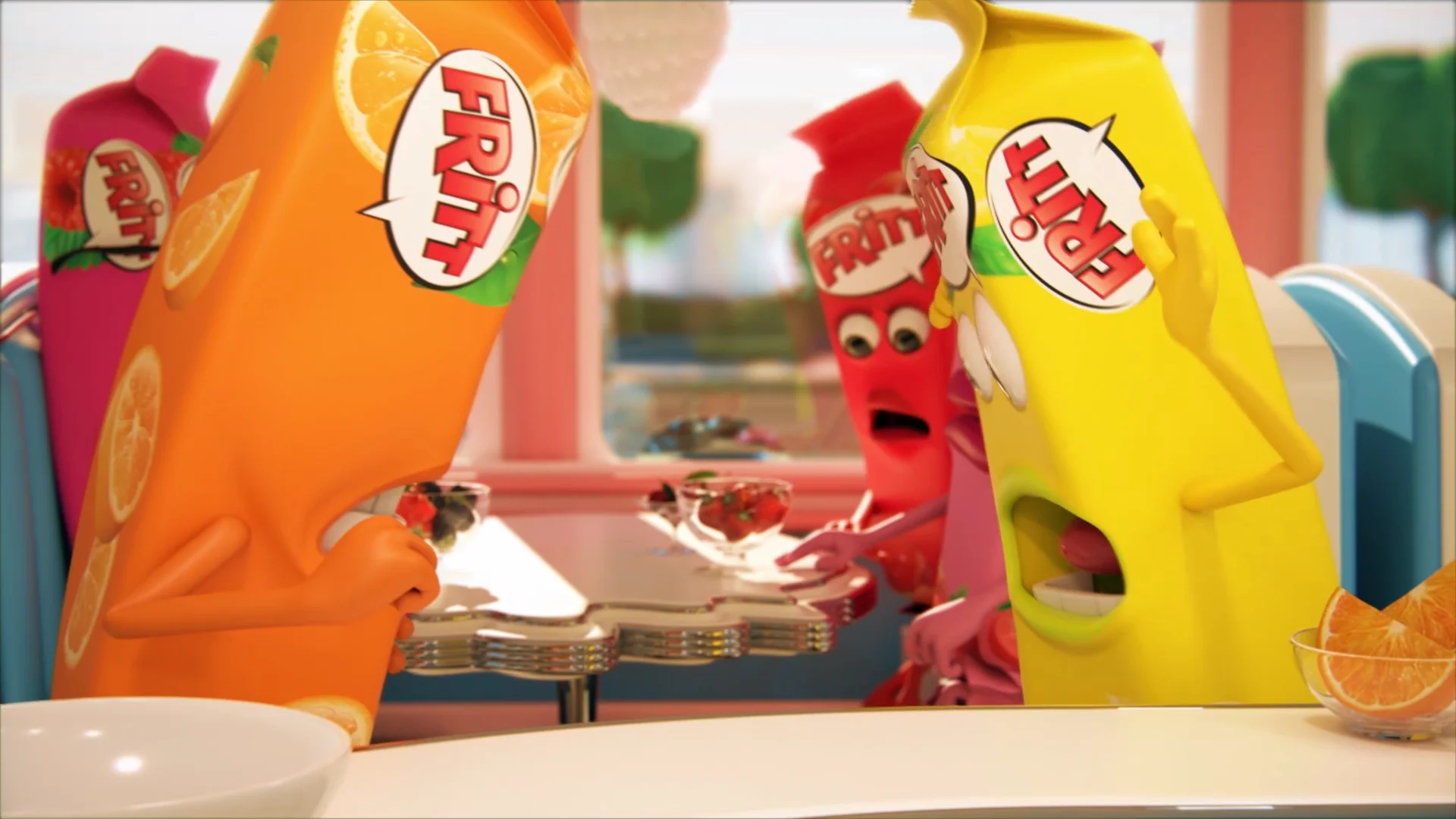 four different colored fritt-shaped characetes sitting next to each other at a table and looking panically on the floor