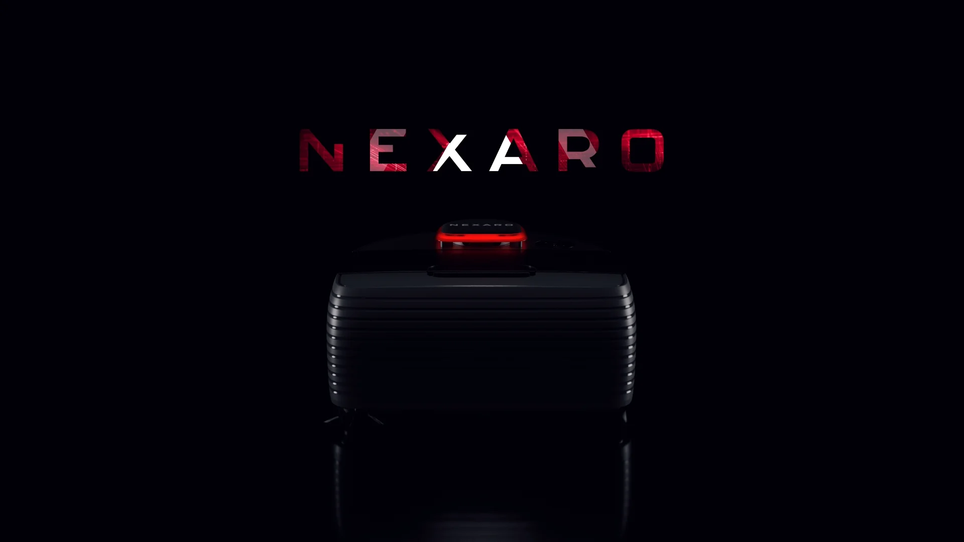 a black nexaro vacuum cleaner robot in an undefined black room and the written word NEXARO flying over it