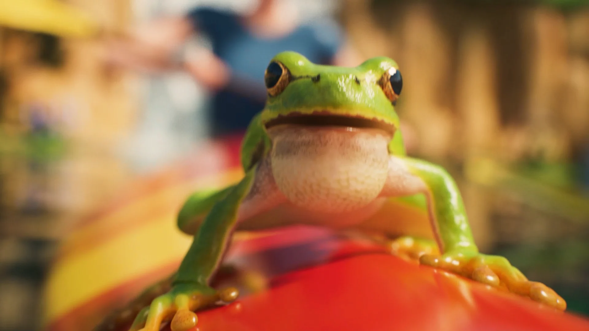 a cartoonish looking 3d frog sitting on a red underground in front of a blurry background
