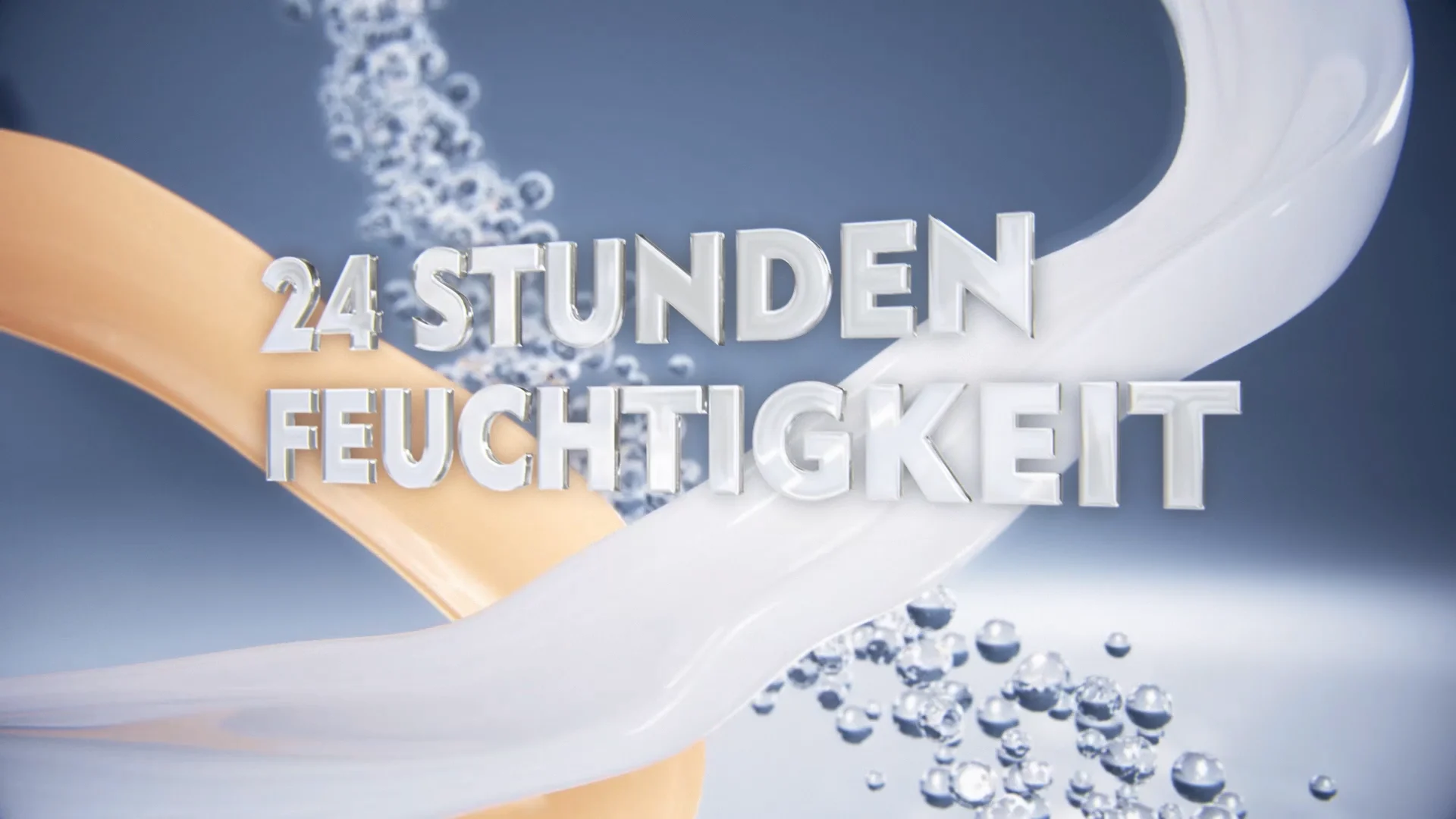 close up of ingredients. a brown liquid, a white liquid and blueish bubbles behind the words 24 STUNDEN FEUCHTIGKEIT