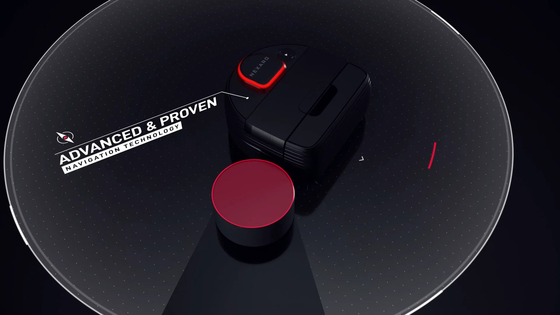 a black nexaro vacuum cleaner robot with a text overlay saying ADVANCED & PROVEN NAVIGATION TECHNOLOGY