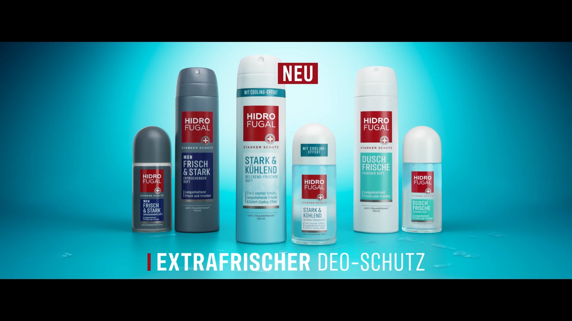 hidrofugal packshot consiting out of a woman aerosol and roll-on on the right side as well as in the middle and a men aerosol and roll-on on the left side. all in an undefined blue room in front of a white backlight