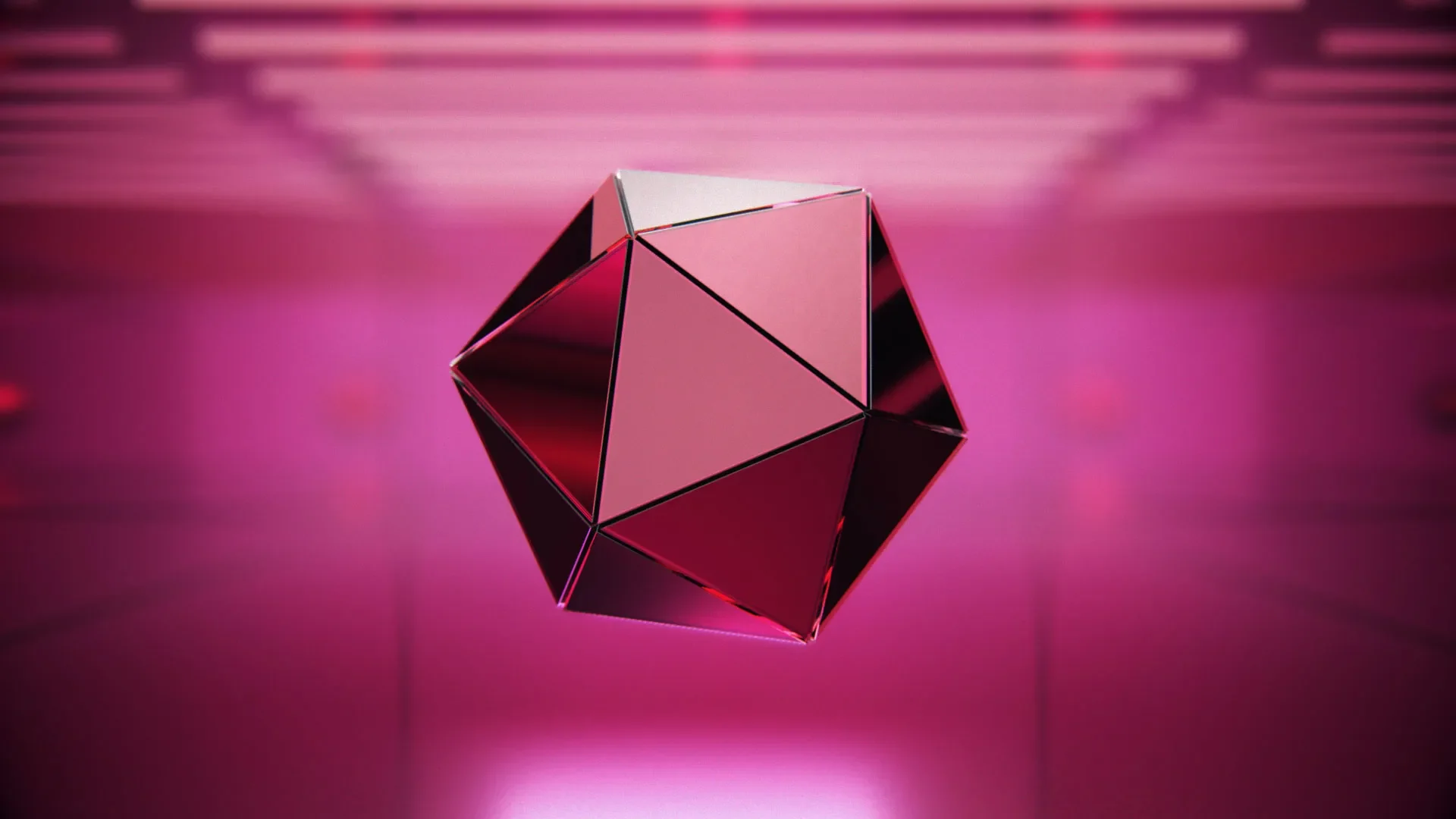 a magenta sculpure consiting out of several polygones in front of a magenta abstract room