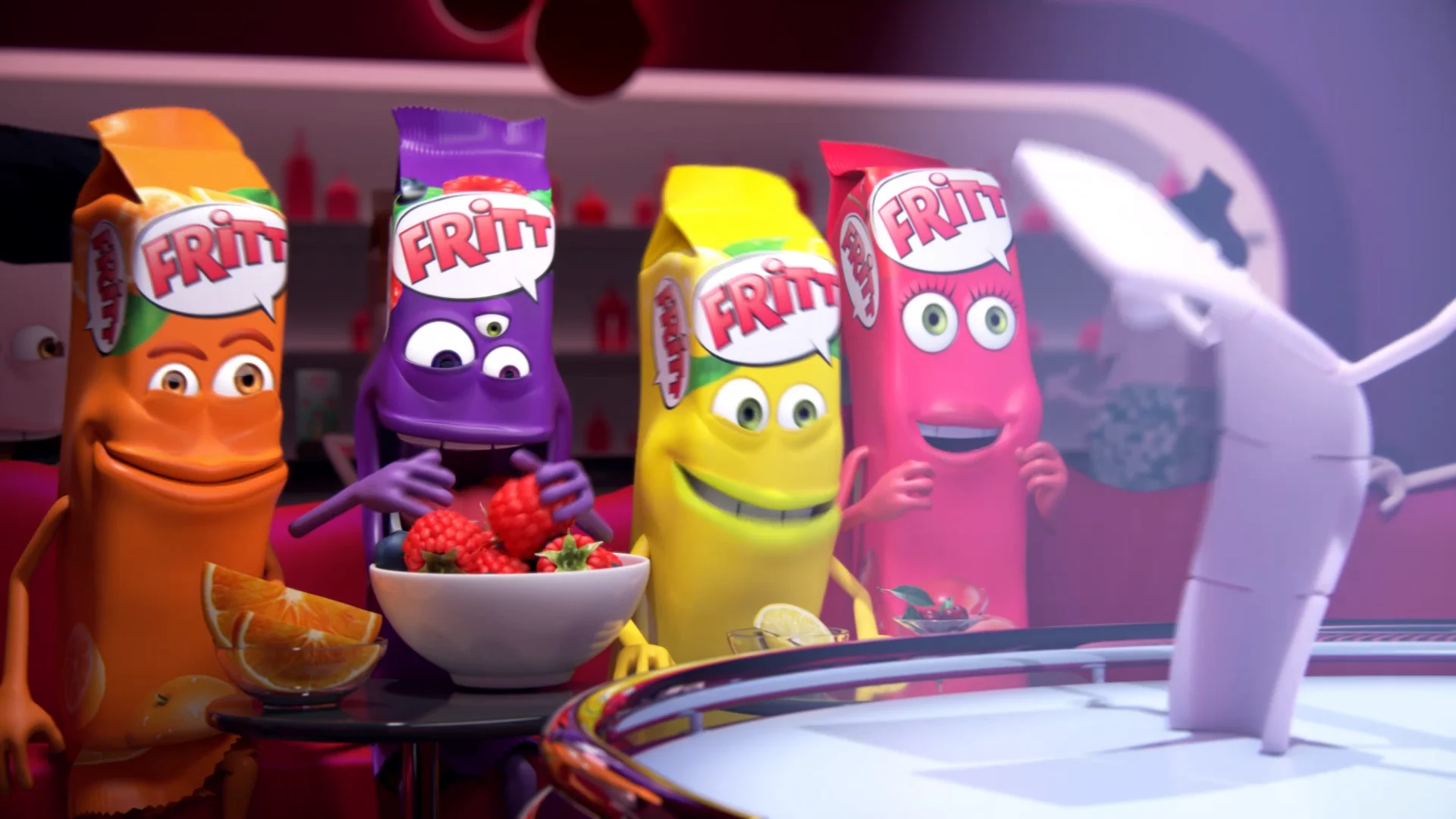 four different colored fritt-shaped characetes sitting next to a podest looking at a dancing gum stripe while eating