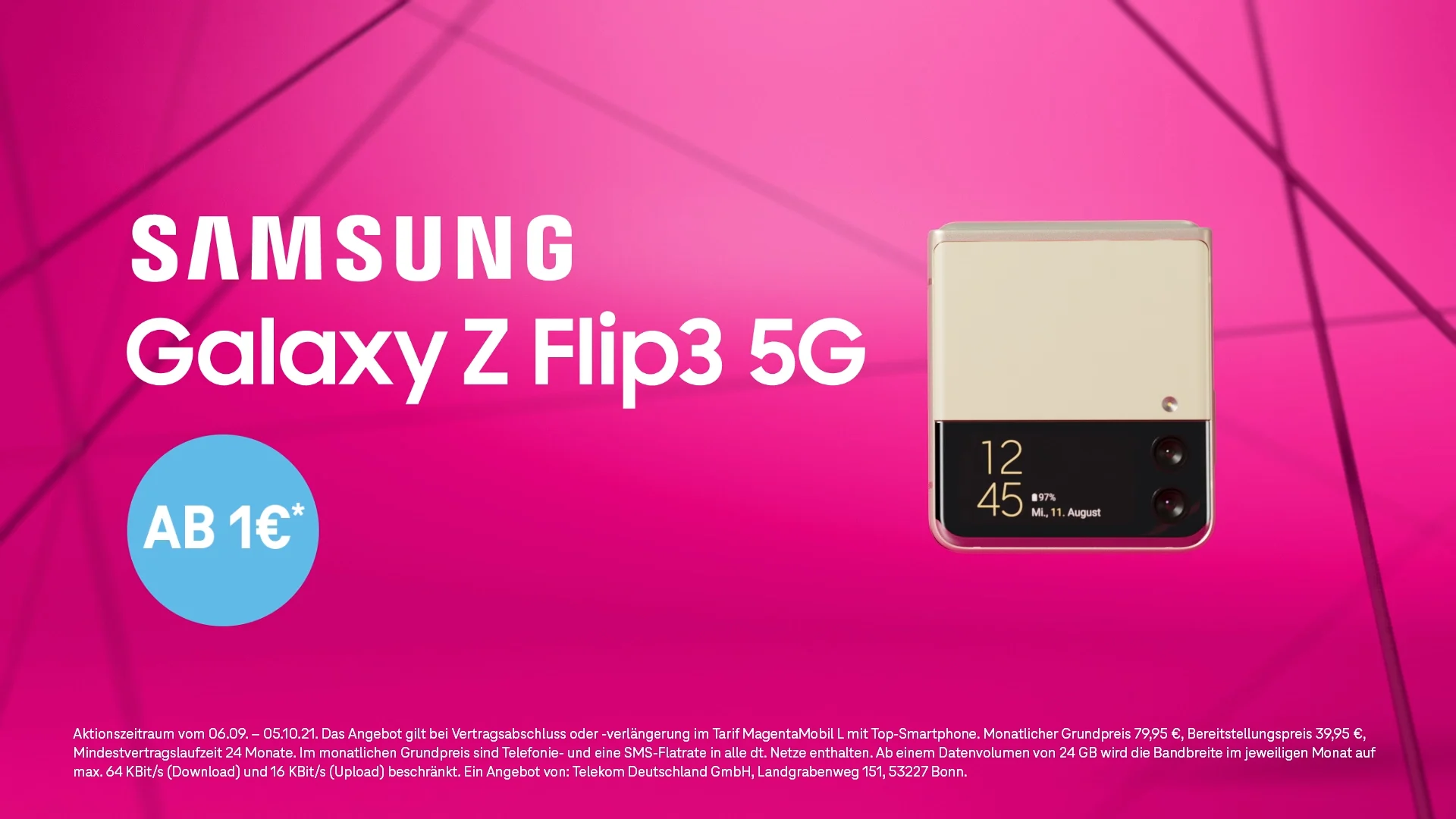 Closed golden Samsung ZFlip3 5G in front of an abstract magenta room on the right side and the product description on the right side