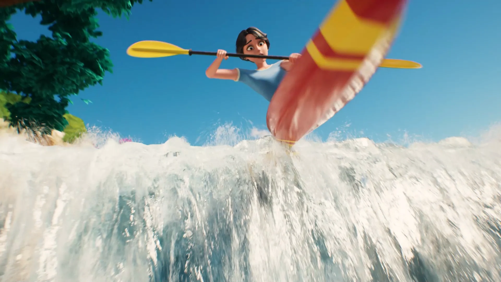a cartoonish looking girl with brown hair and a blue in a canoe is falling down a waterfall