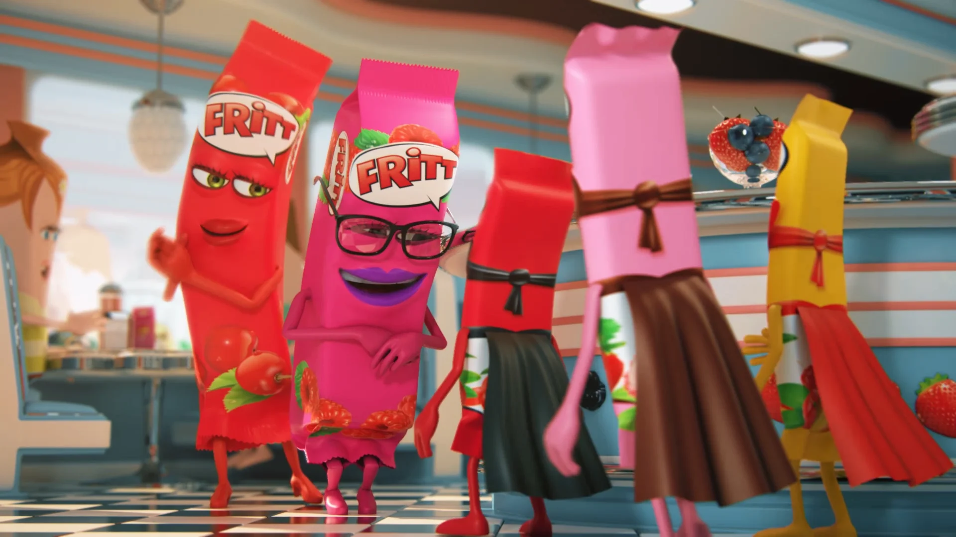 scene takes place in a bar where two differently colored Fritt-shaped packshot characters talking to three other characters dressed like super heroes 
