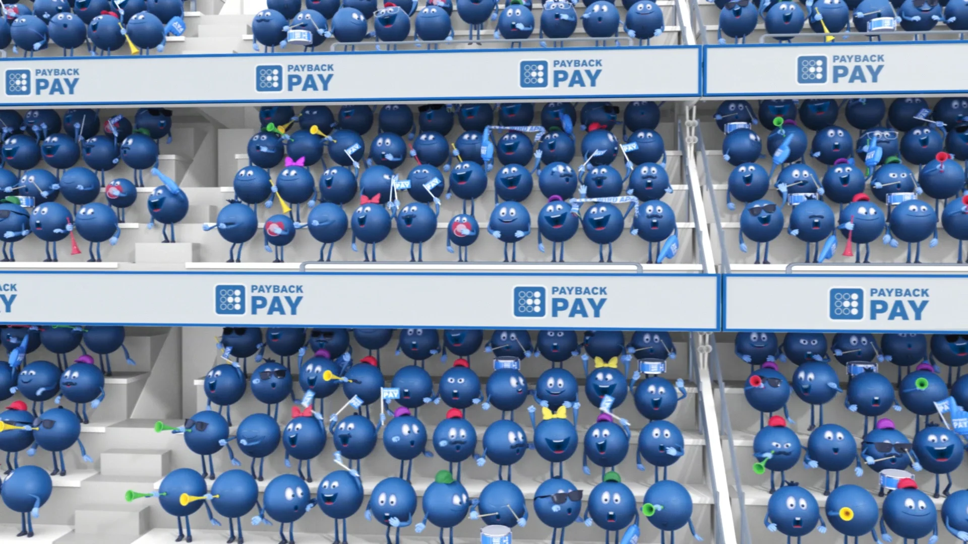 a grandstand filled up with litte blue payback point 3d characters who are cheering 