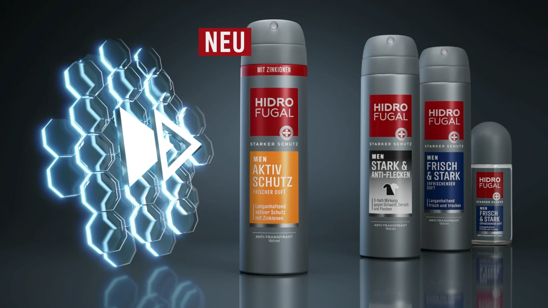 a hidrofugal men packshot containing one hero pack in the middle and three other products on the right side. on the left side there is a call to action button consiting out of a transparent blue honeycomb structure