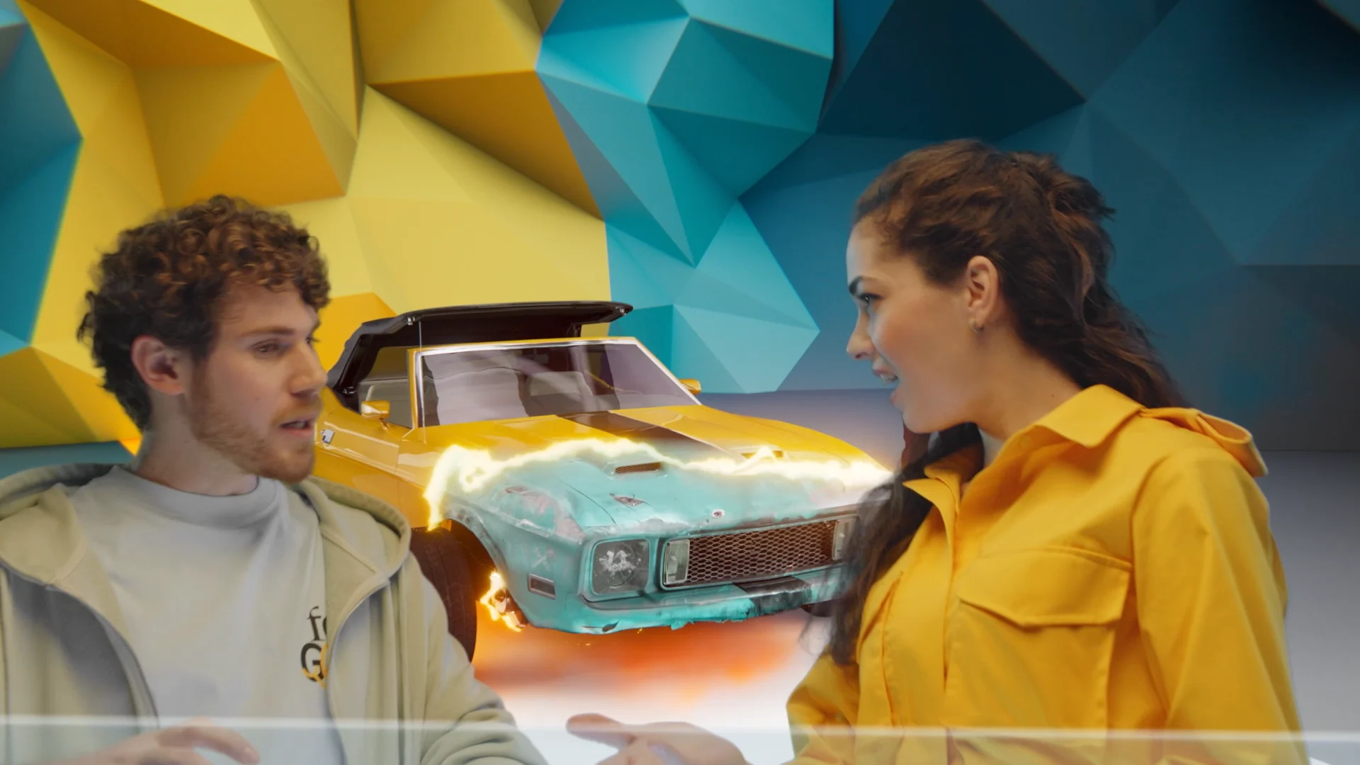 an old turquoise chubby car transforming into a new yellow ford mustang cabrio in a virtual room with yellow and turquoise polygone walls. a girl and a boy standing in front of the transforming car