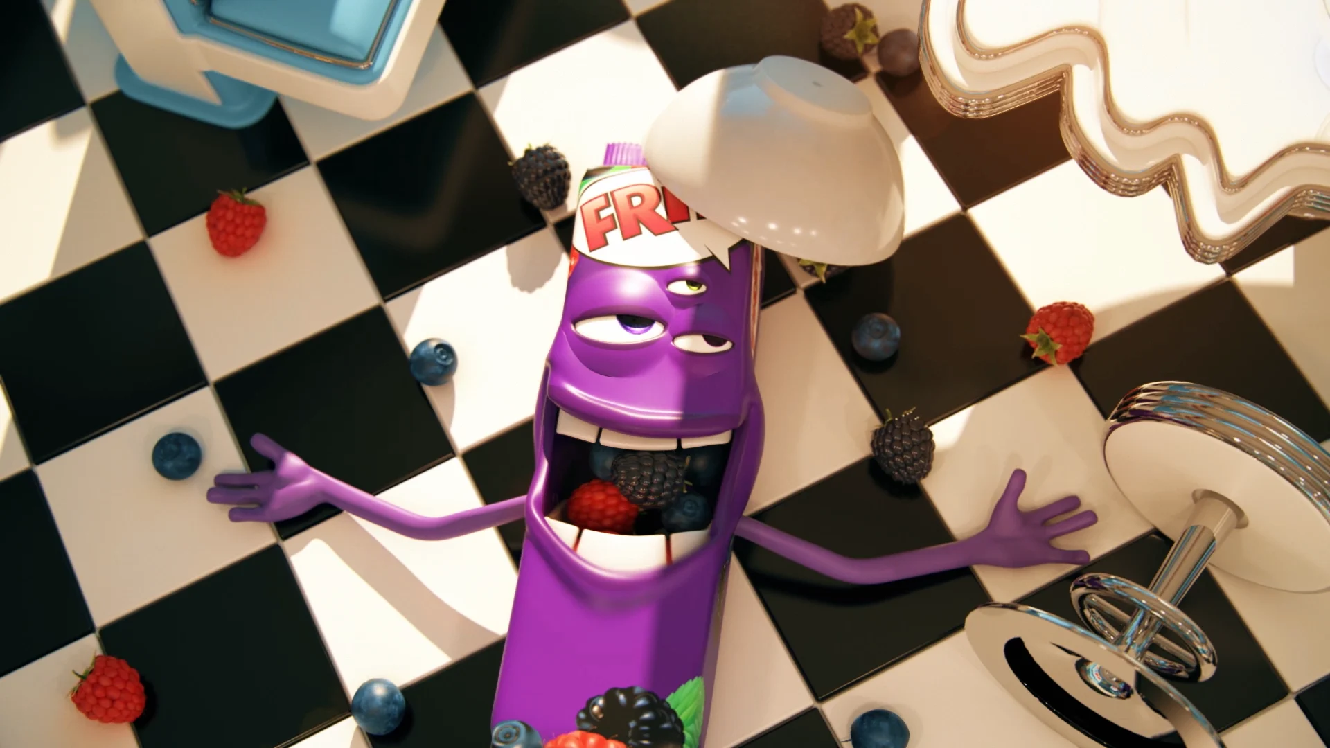 a lilac colores fritt-shaped packshot character is laying on the ground with a peel on his head and severeal fruits next to him. a fallen chair implements that he has just fallen down. 
