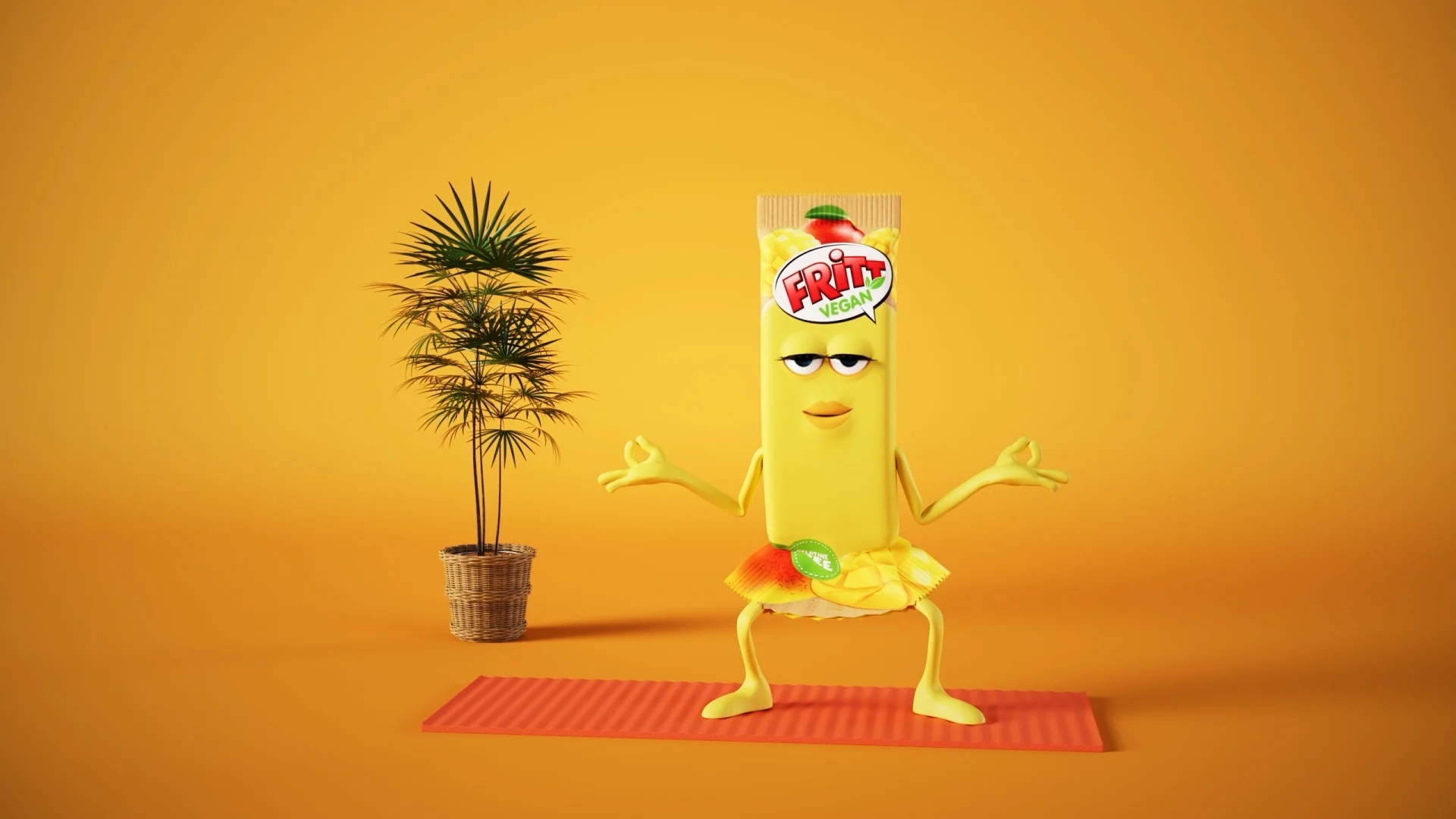 We see a Fritt Kauriegel doing a yoga pose in an orange room. In the background a plant and a yoga mat