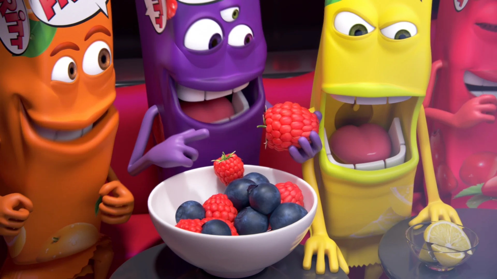close up of four different colored fritt-shaped characetes sitting next to each other. a peel of fruits in front of them. one is annoyed of some fact, the others are smiling