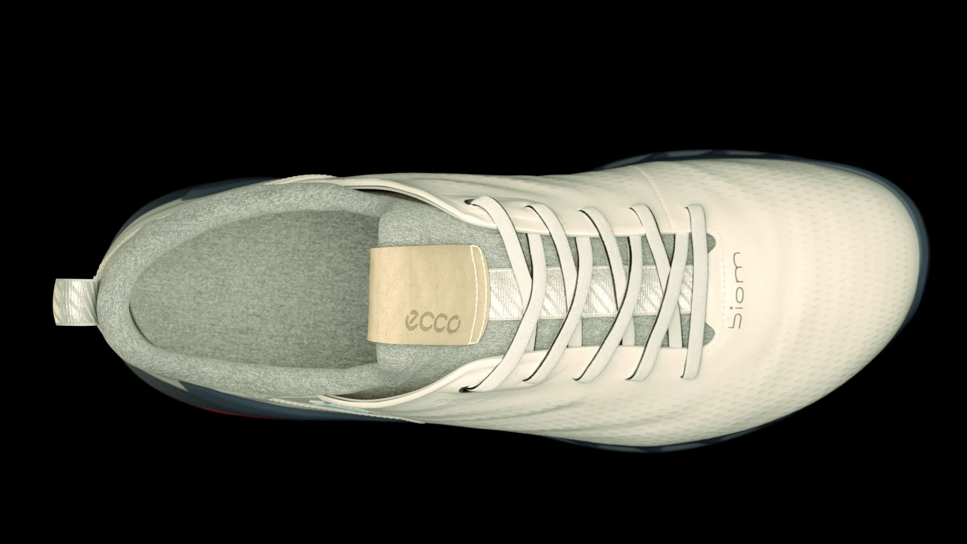 top view of a white Ecco golf shoe in front of a black background