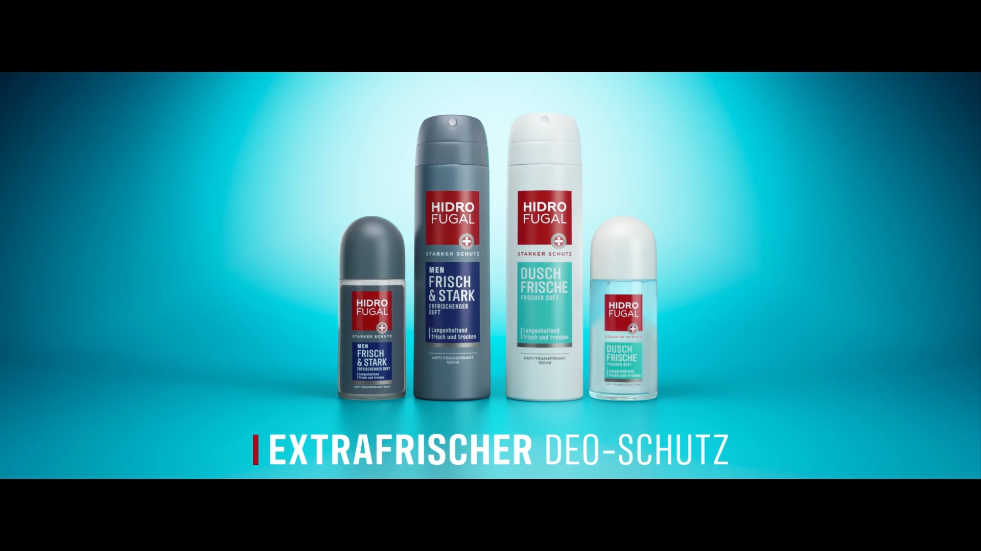 hidrofugal packshot consiting out of a woman aerosol and roll-on on the right side and a men aerosol and roll-on on the left side. all in an undefined blue room in front of a white backlight 