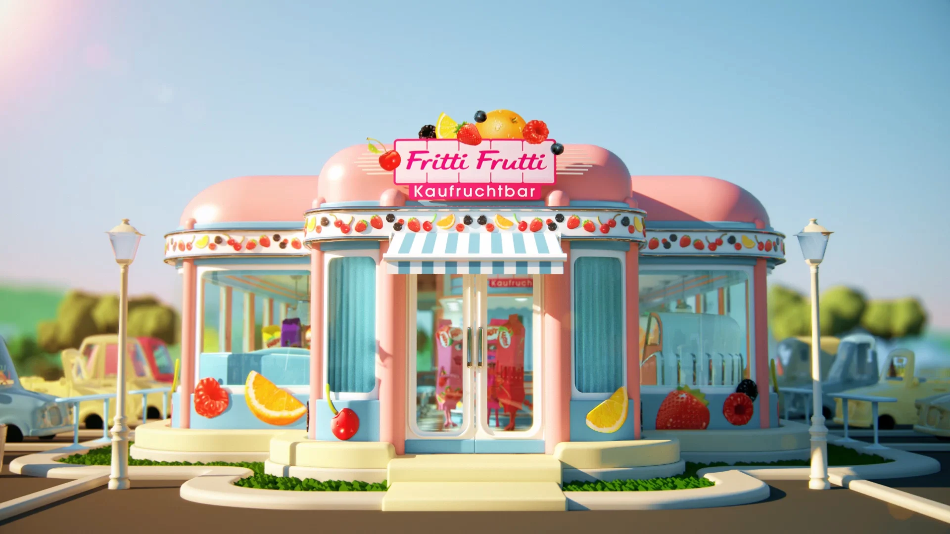 a wide shot of the FRITTI FRUTTI bar which is a sweet rosa building with round edges in the middle of a parking lot