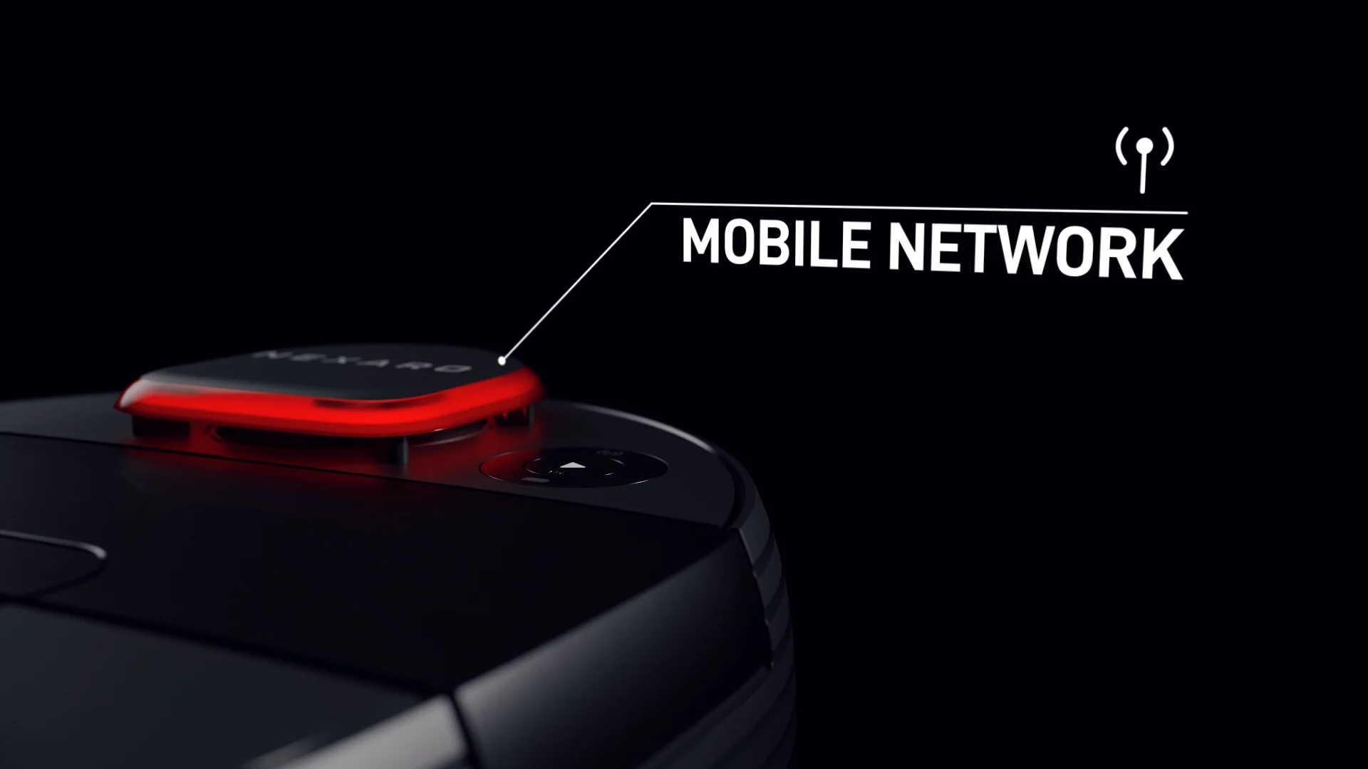 a close up of a black nexaro vacuum cleaner robot with a text overlay saying MOBILE NETWORK