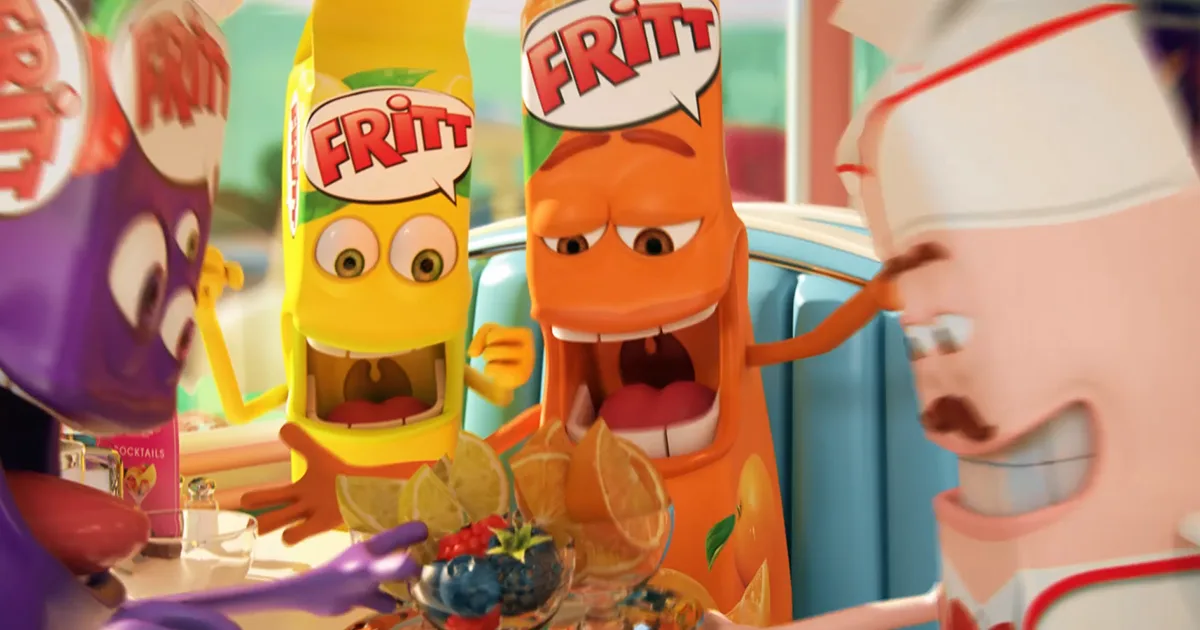 four different colored fritt-shaped characetes sitting at a table and looking at some fruits they want to eat