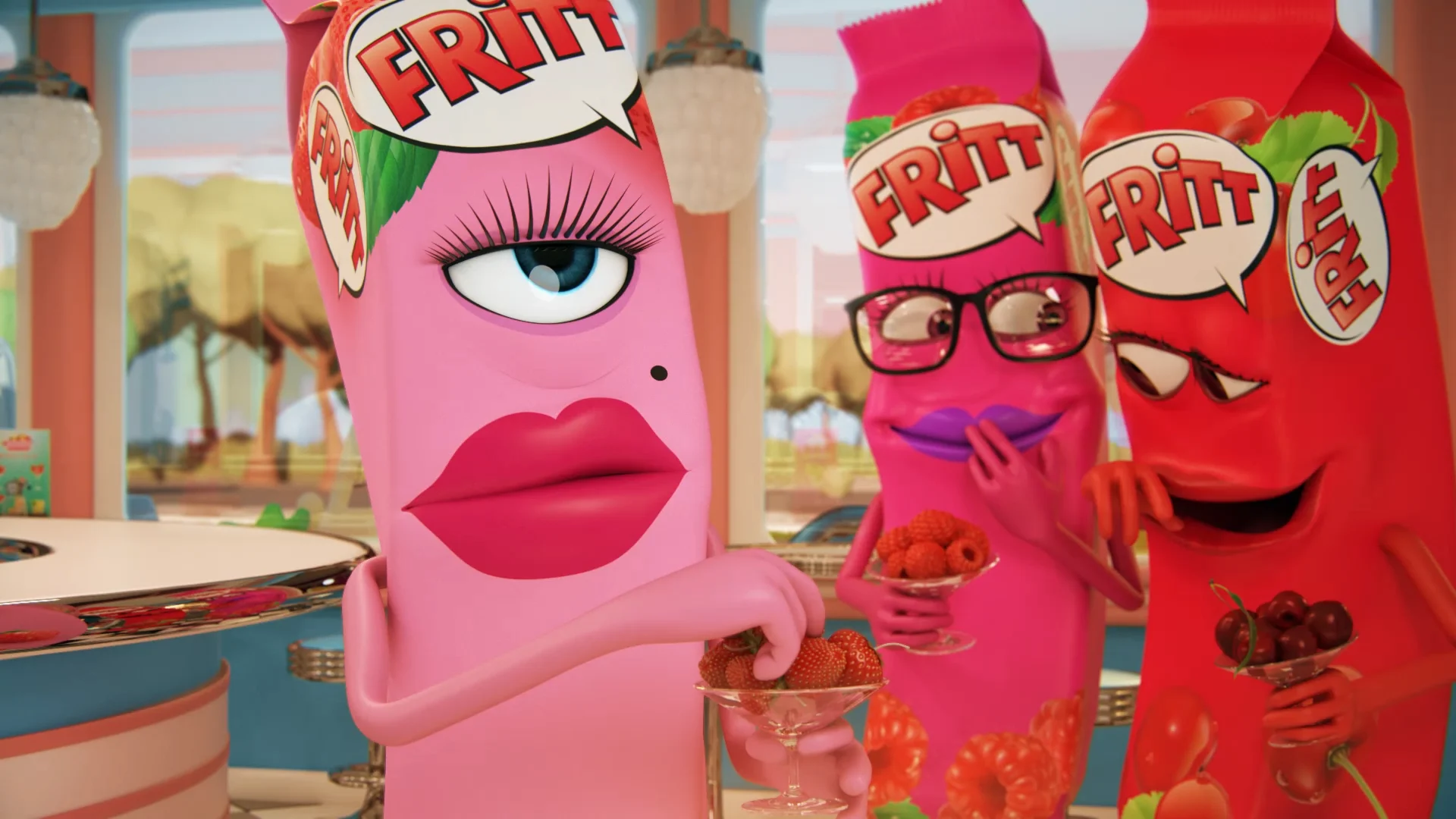 three different colored fritt-shaped characetes standing next to each other in a bar while eating fruits. two are giggling and one is looking annoyed