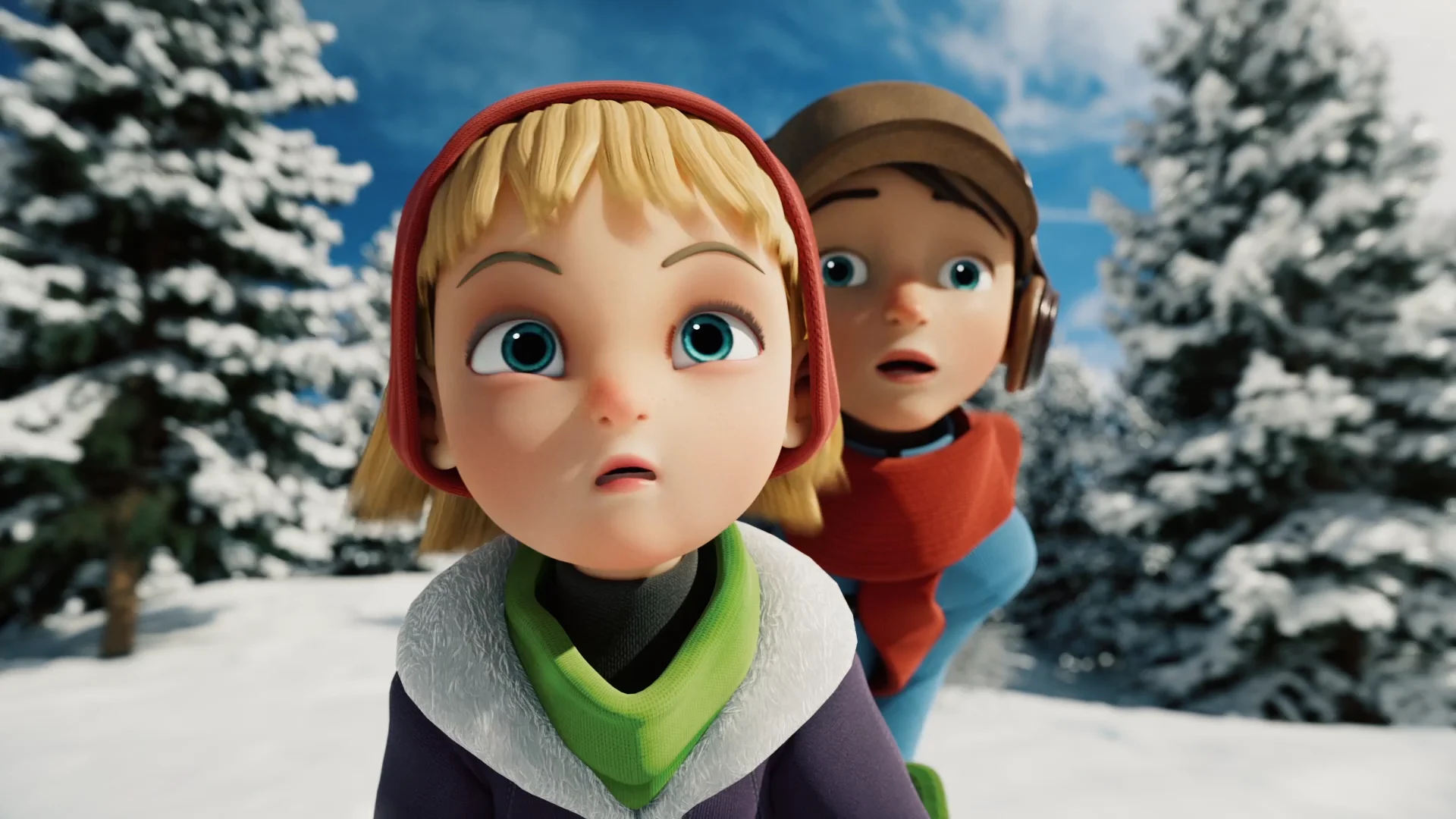 two cartoon characters (a boy and a girl) looking at something behind the camera. scene takes place in a wintery landscape with snow on the ground and on the trees