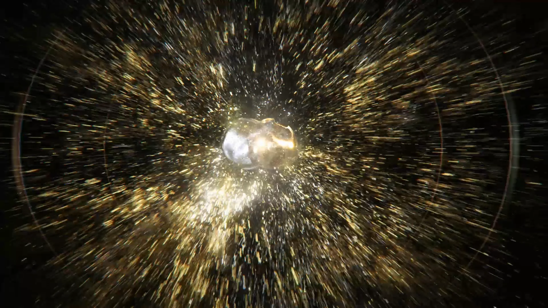 a golden and a silver bubble splashing together and exploding into a golden particle simulation in front of a black background