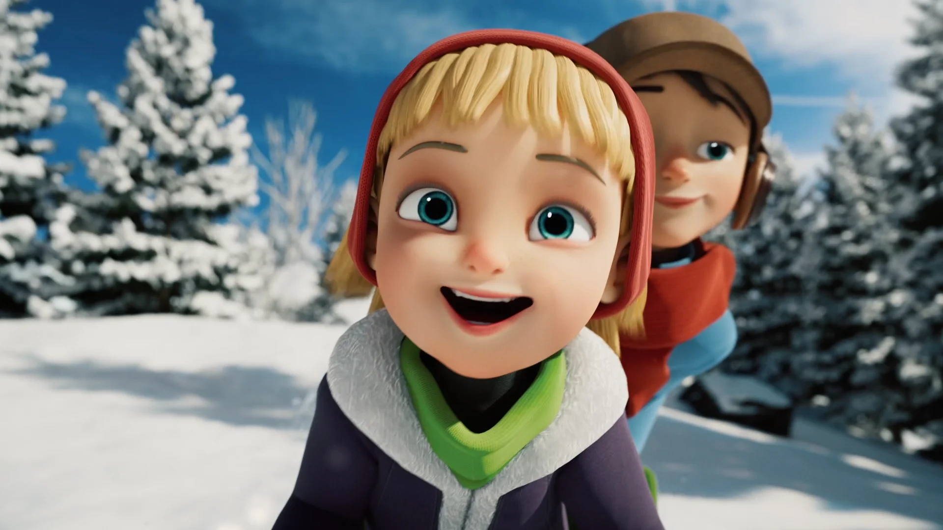 two cartoon characters (a boy and a girl) in a wintery landscape with snow on the ground and on the trees. she is smiling and he is looking annoyed