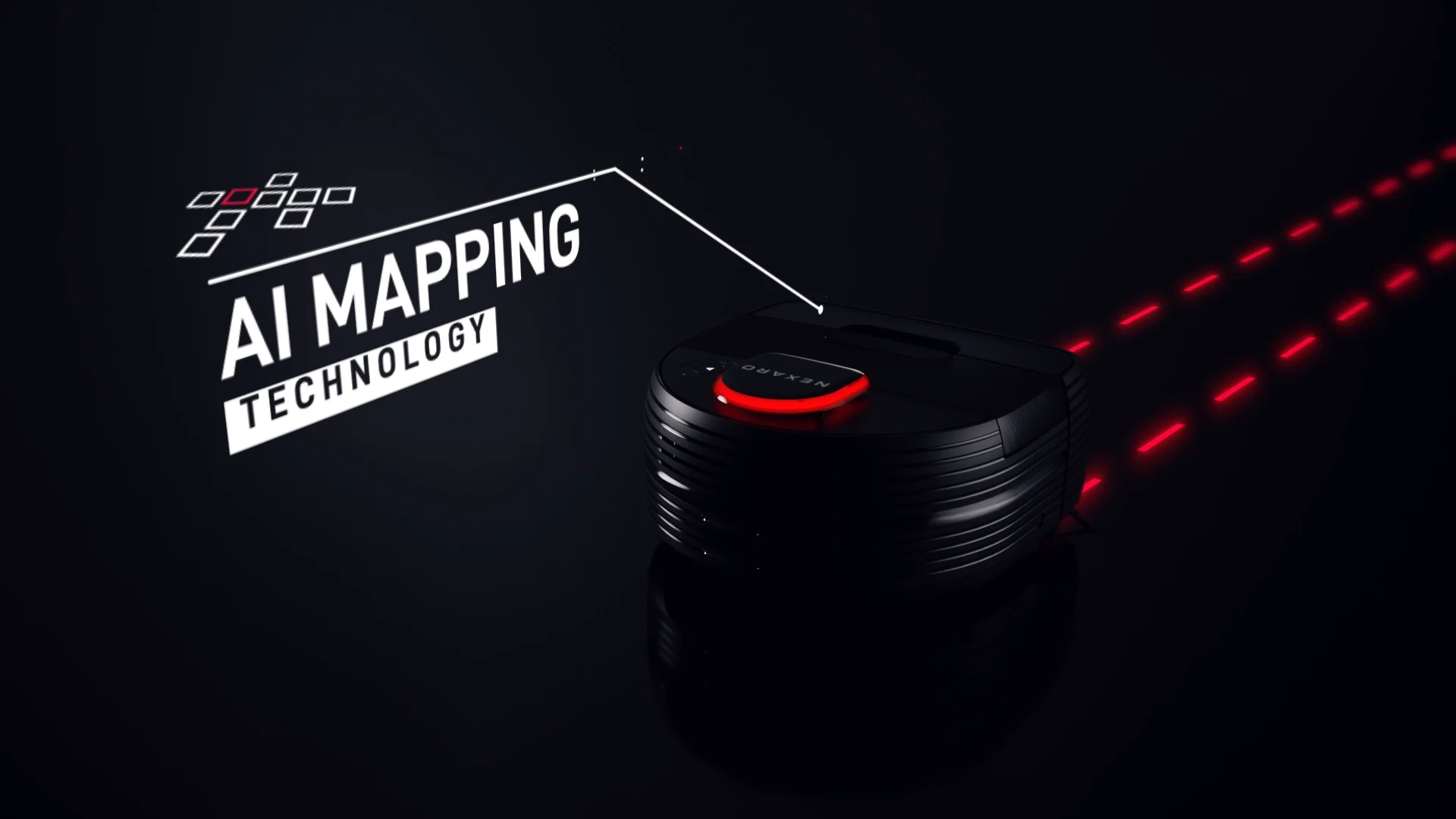 a close up of a black nexaro vacuum cleaner robot with a text overlay saying AI MAPPING TECHNOLOGY