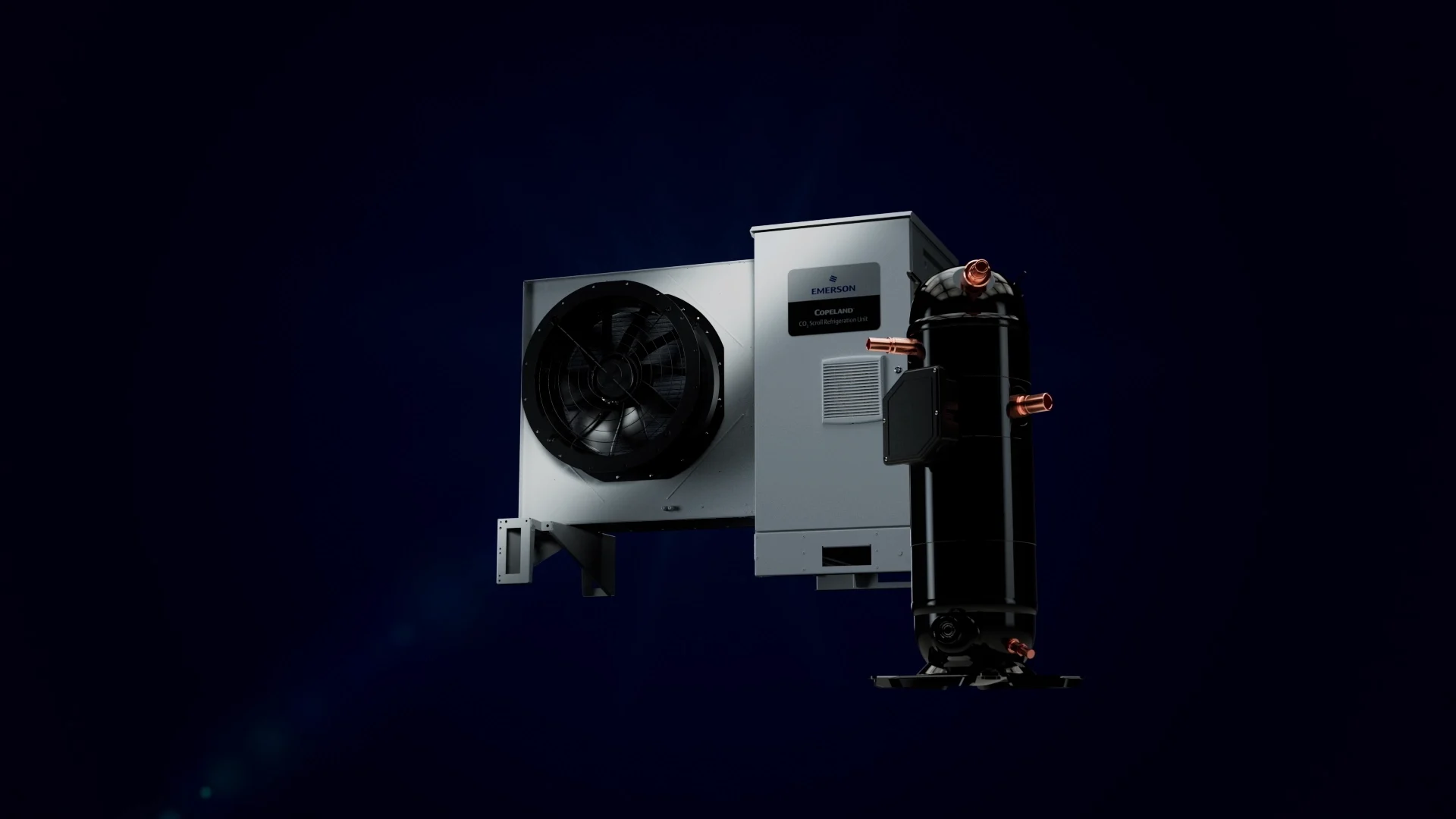 a white box with a fan on one side next to a black cylinder with copper connections in front of a very dark blue background