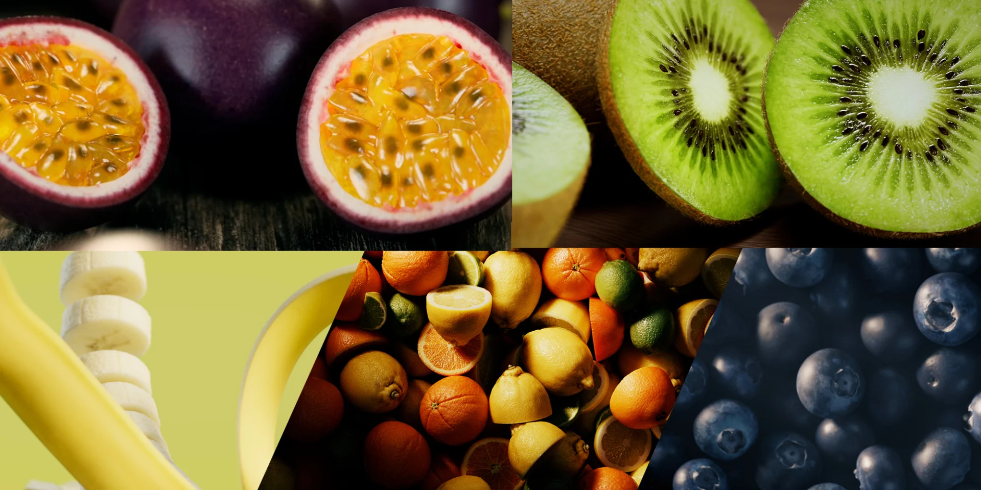 a composition out of several fruits. showing a passion fruit, a kiwi, a banana, lemon fruits and blueberries