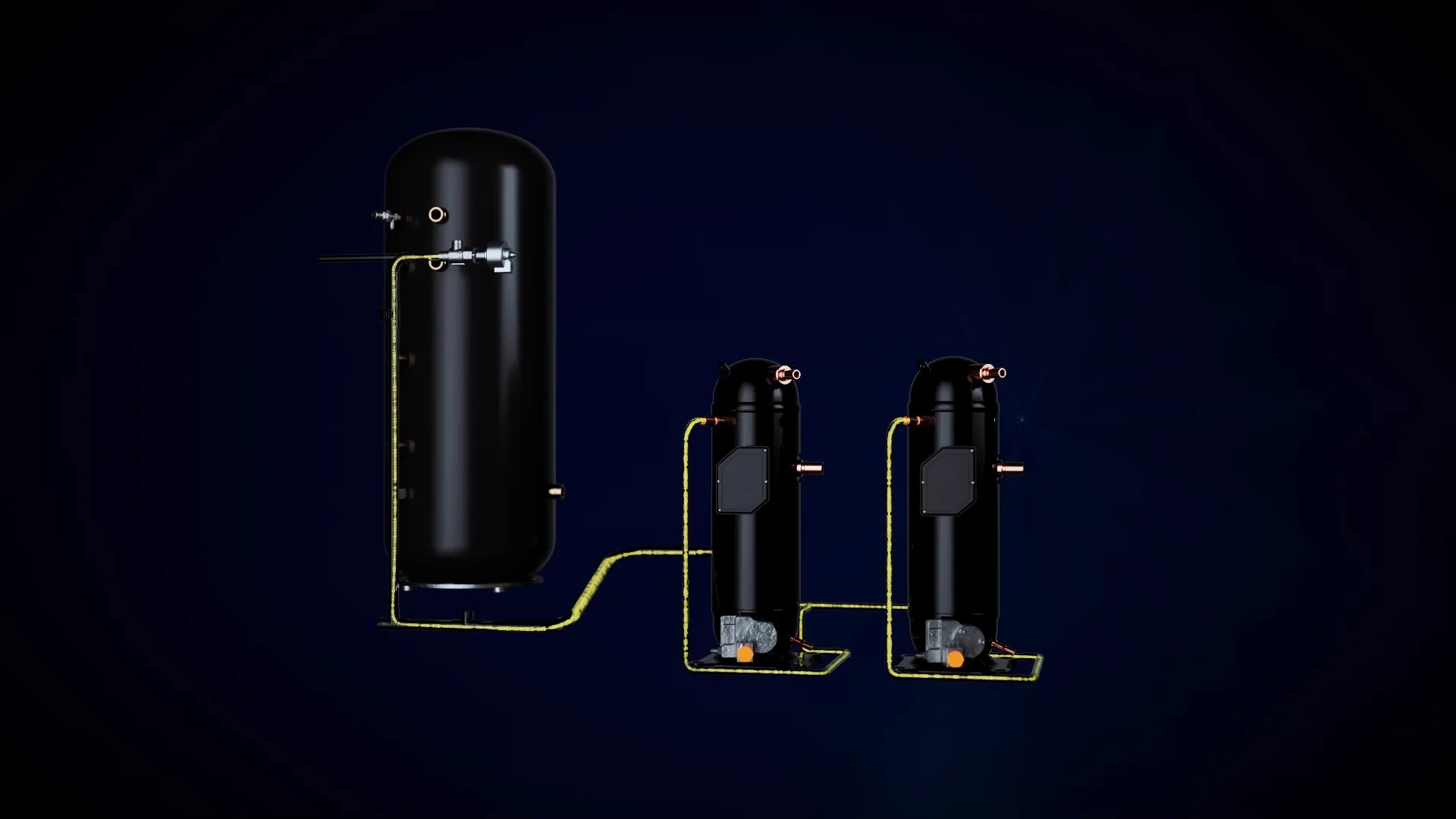 three black cylinders connected with a kind of yellow cable 
