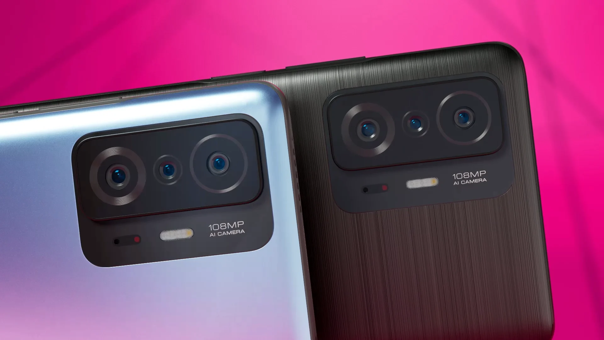 close up of the back of two smart phones with focus on the camera lenses in front of an abstract magenta room
