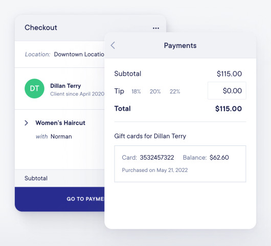 Access clients' gift cards on the payments screen