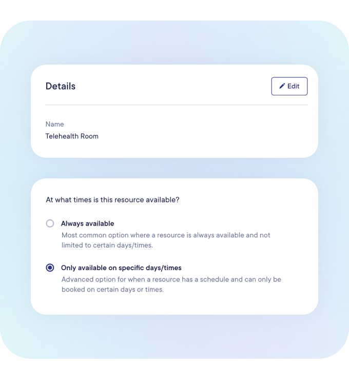 Under Resources, create “Telehealth Room” and set your availability.