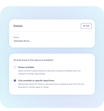 Under Resources, create “Telehealth Room” and set your availability.