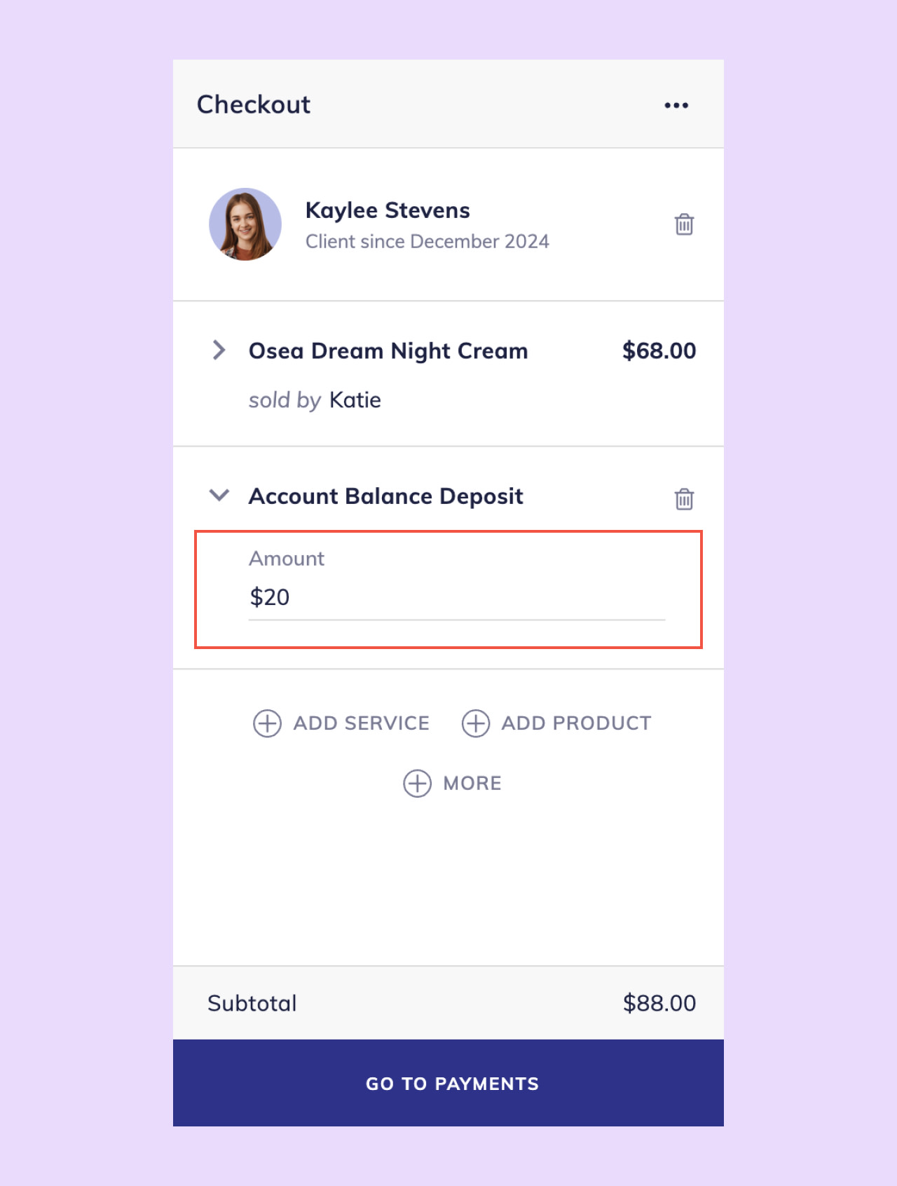 Client 83 Add to a Client's Account Balance | Mangomint Salon and Spa Software