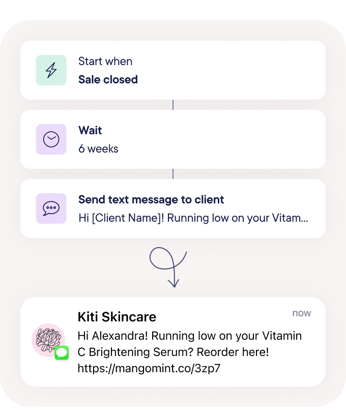 Send personalized reminders after a product purchase, prompting clients to restock their favorite beauty products before they run out.
