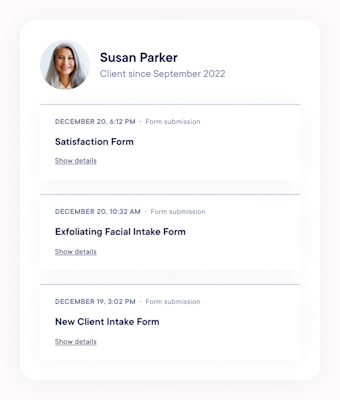 Once submitted, forms **sync to the client’s profile** for quick and easy reference.