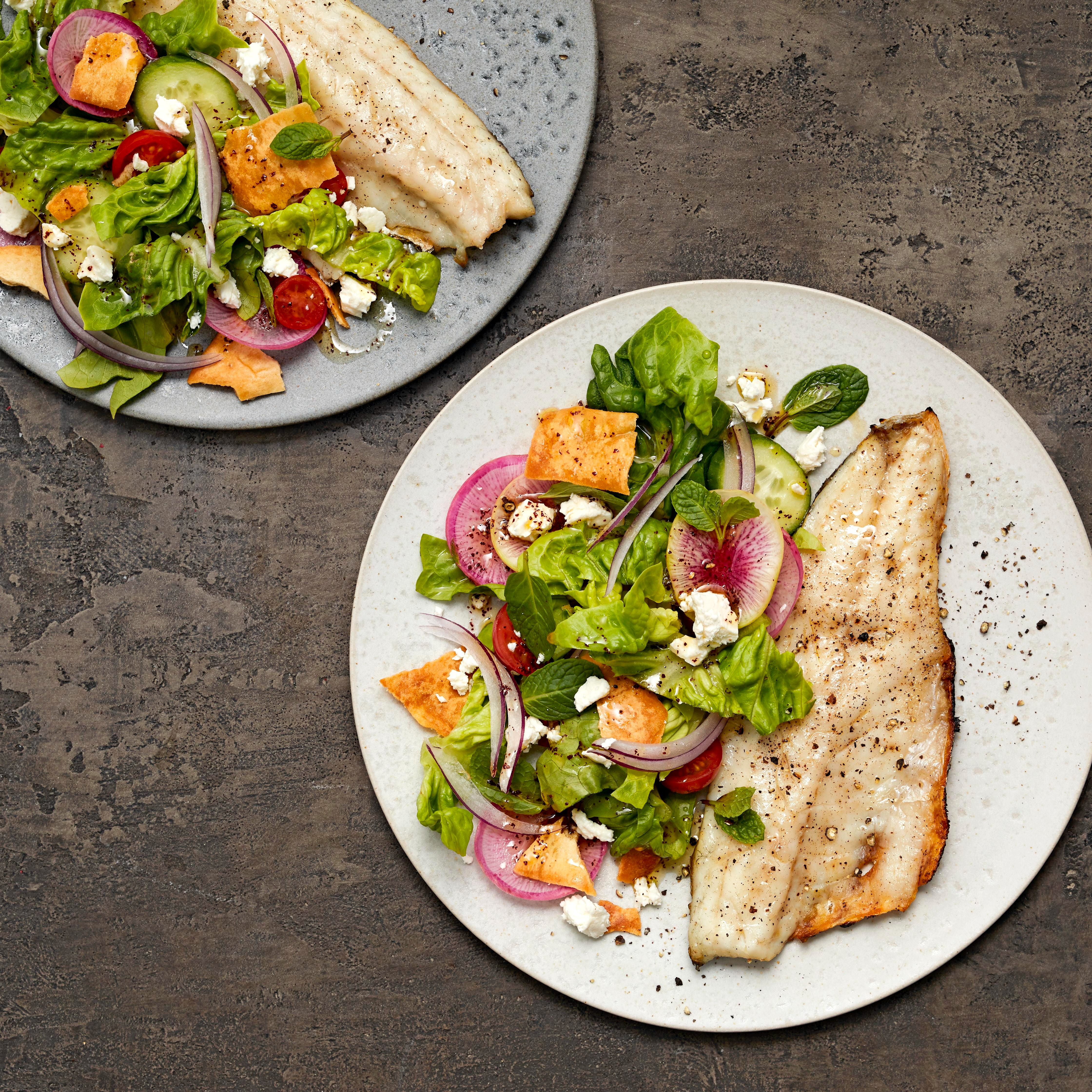 GRILLED BRANZINO WITH FATTOUSH SALAD Wild Fork Foods   WFC 5030 Seafood SeaBass Fillets Lifestyle 