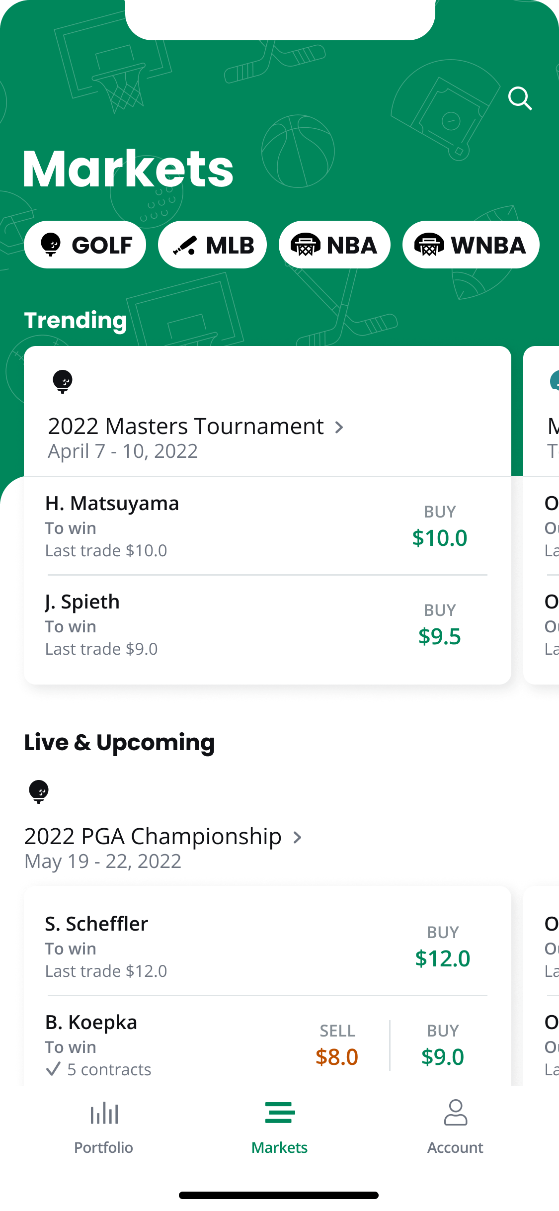 Phone screen showing golf bets
