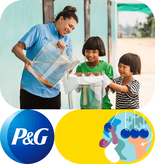 Woman pouring wahter, two children text to her. P&G logo on the bottom left and illustration of a person putting a pendulum swing into motion on the bottom right.