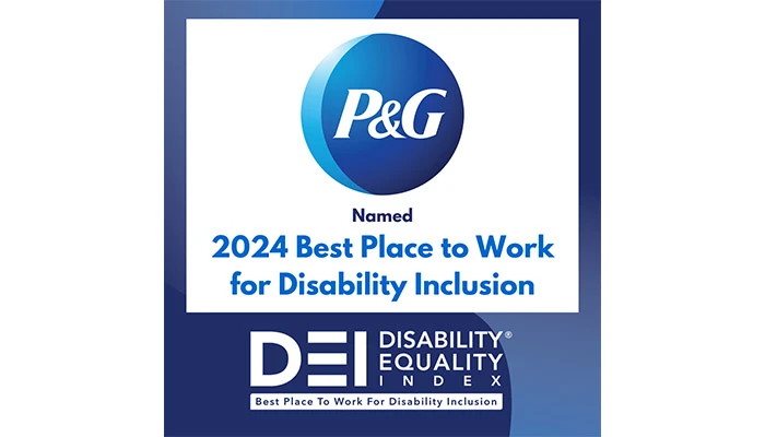A blue and white graphic featuring a round, blue logo with the word "P&G" on it. Underneath is text that says, "2024 Best Place to Work for Disability Inclusion." Underneath is a text logo for the Disability Equality Index.