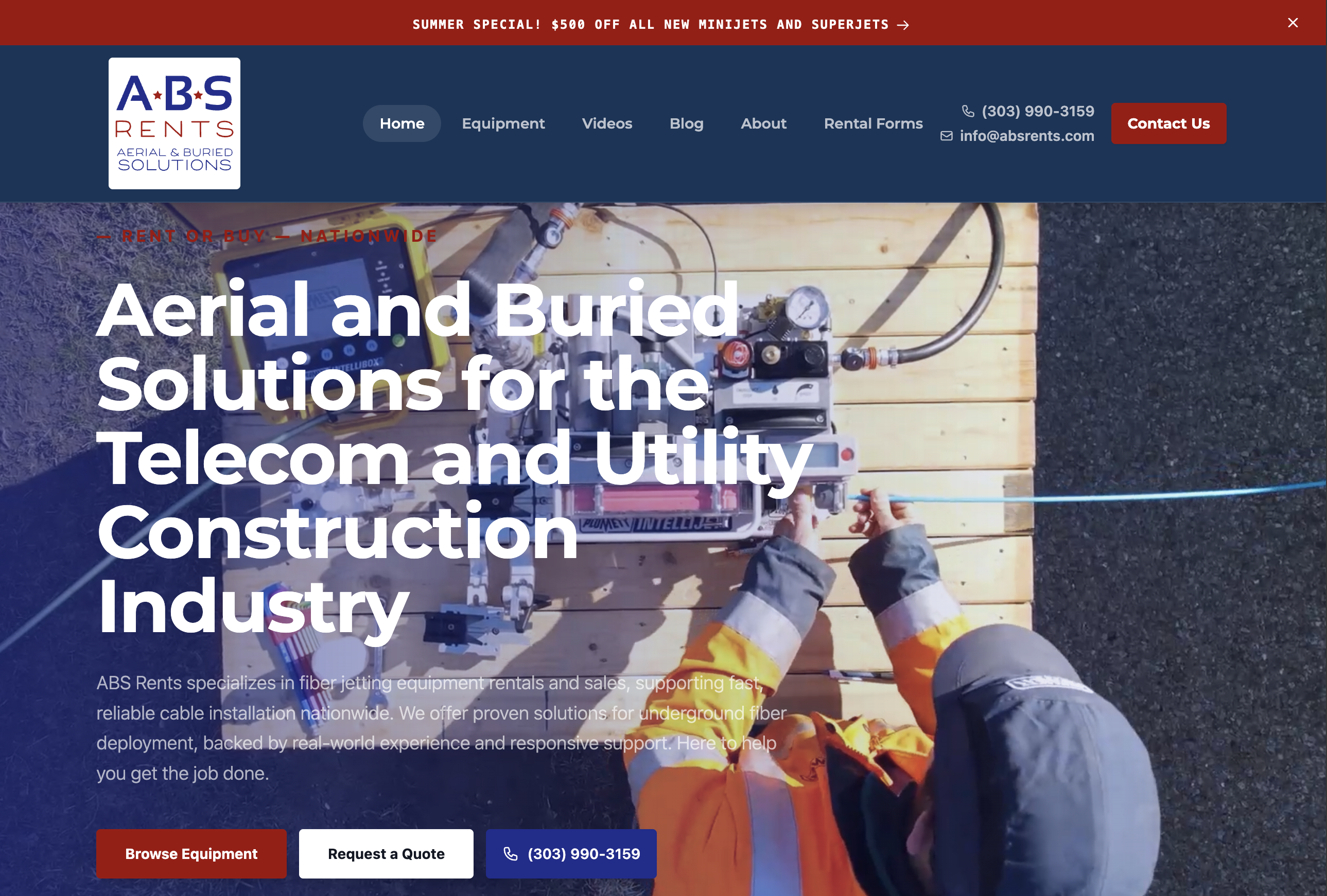 Webpage that says Aerial and Buried Solutions for the Telecom and Utility Construction Industry - ABS Rents