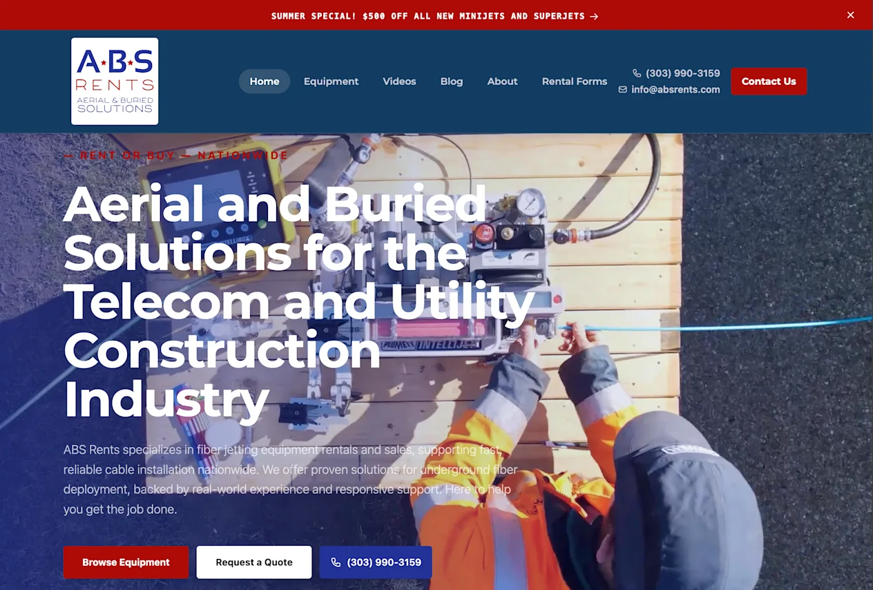 Webpage that says Aerial and Buried Solutions for the Telecom and Utility Construction Industry - ABS Rents