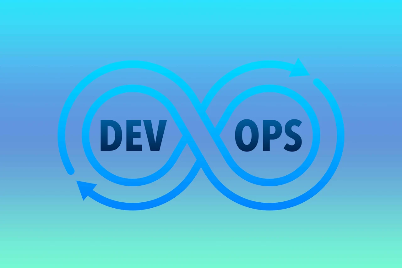 DevOps Symbol similar to infinity with DEV and OPS written in the centers.