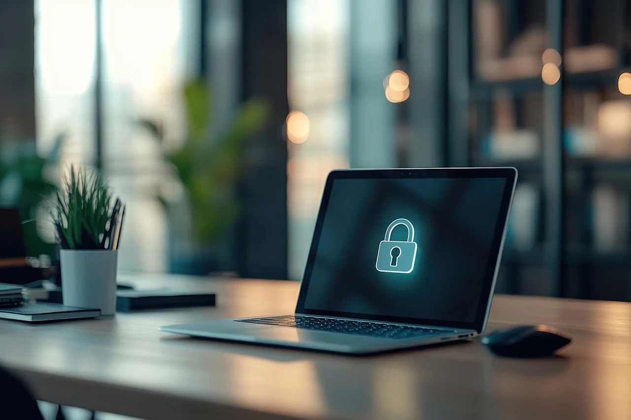 Laptop with a digital image of a lock centered on the screen