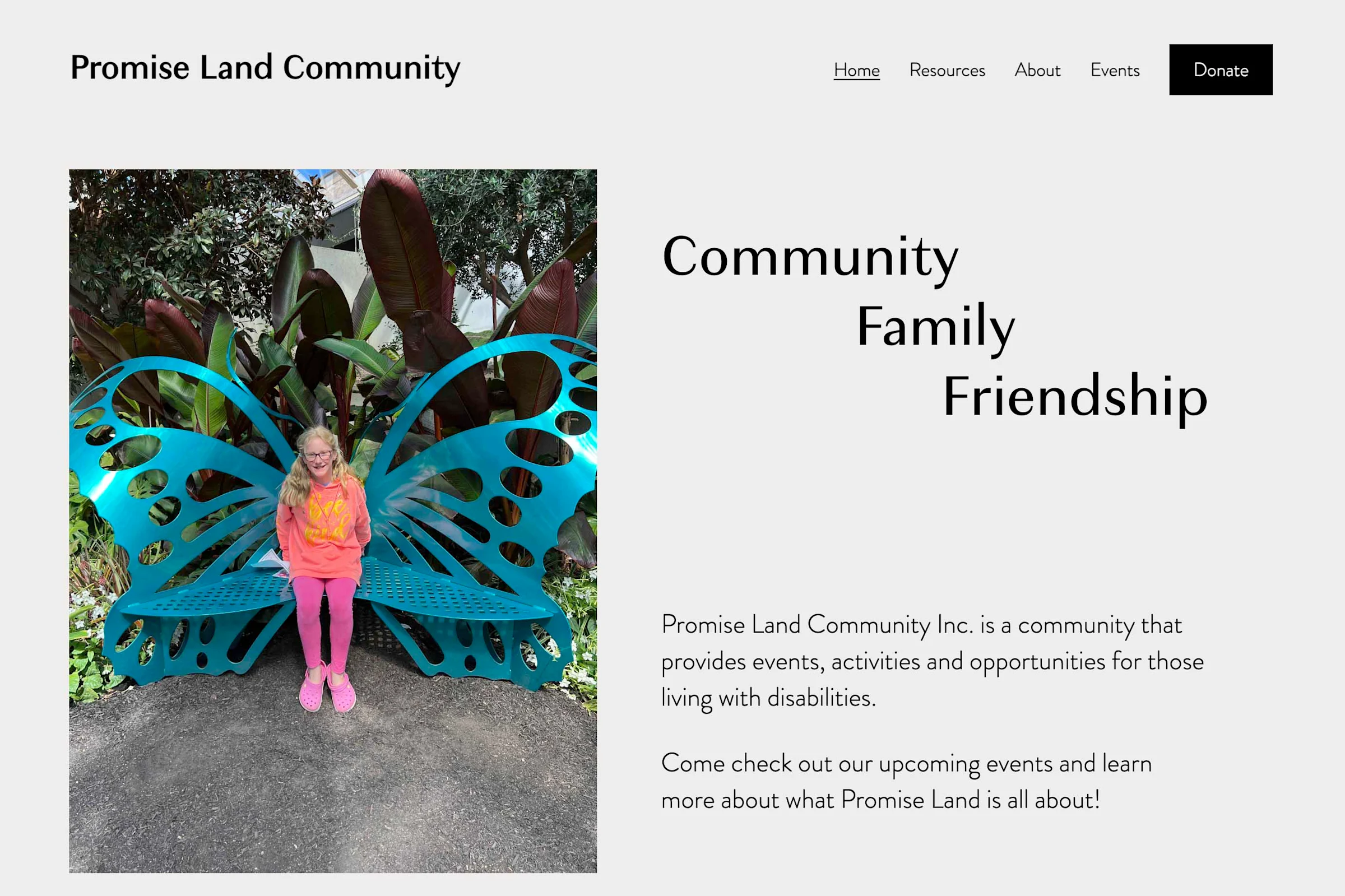 Image of a young girl sitting on a chair shaped like a butterfly along with the words Community, Family, Friendship.
